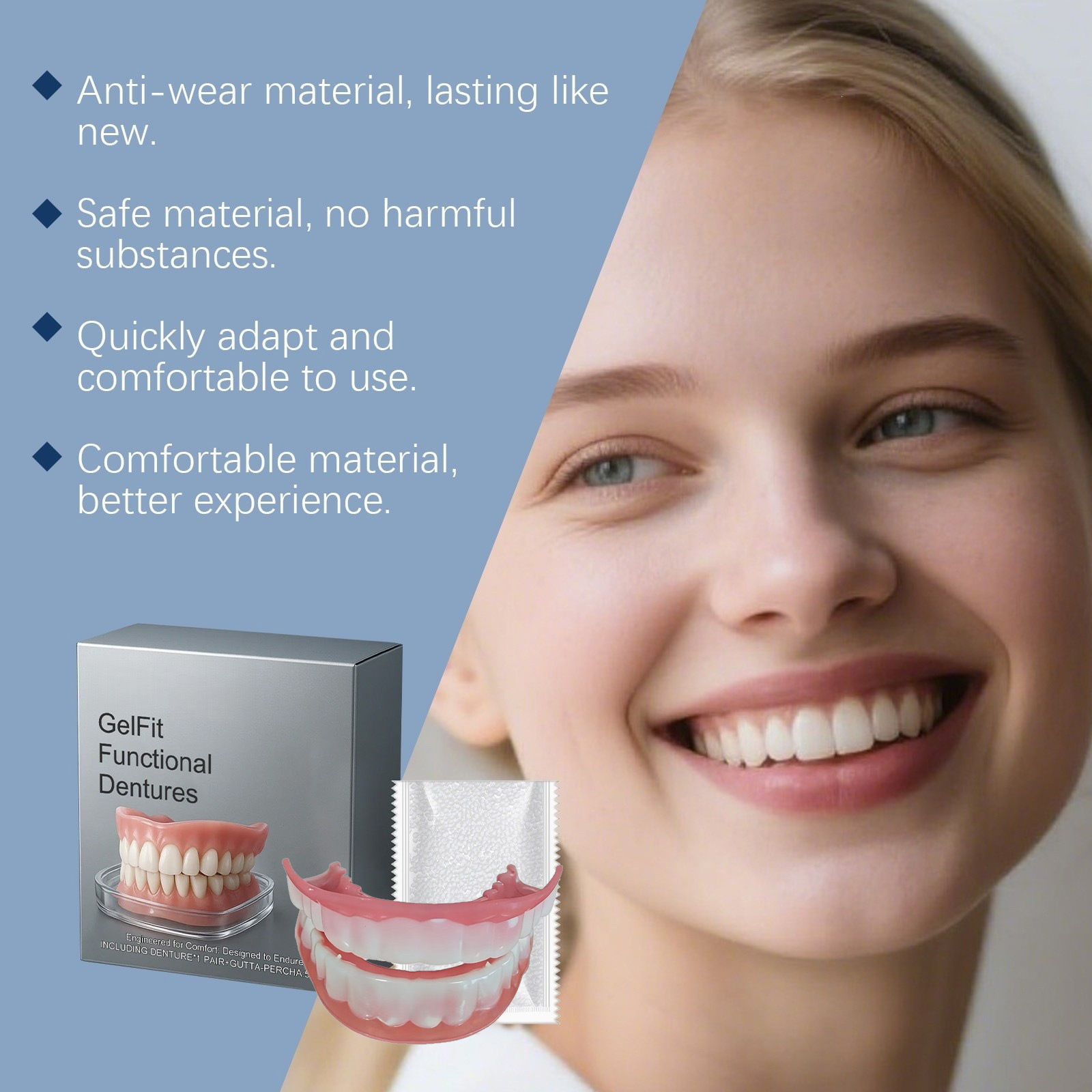 Functional Dentures False Teeth Full Set Perfect Fit Soft Safety Easy to Use Oral Improve Tooth Loss Broken Temporary Improve