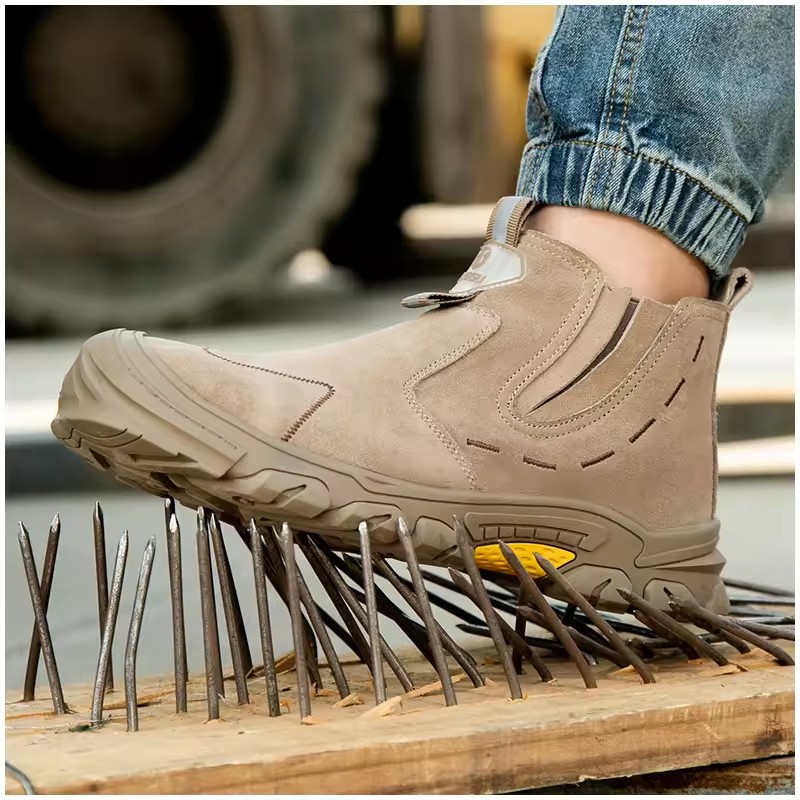 men's casual steel toe caps safety boots slip-on cow suede leather work shoes outdoors worker security ankle botas safe footwear