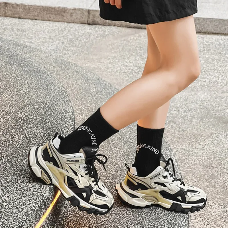 Dad's Shoes Women's 2023 Autumn New Genuine Leather Thick Sole Fashion Versatile Women Sports Shoes Sneakers Woman Med (3cm-5cm)