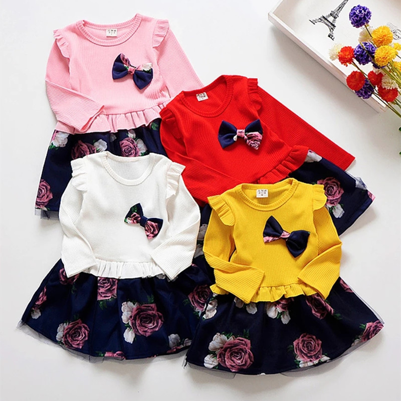 Baby Girls Dress Autumn Cute Bow Print Newborn Dress Long sleeved Princess Dresses for Girl Toddler Kids Dress 2-7Y