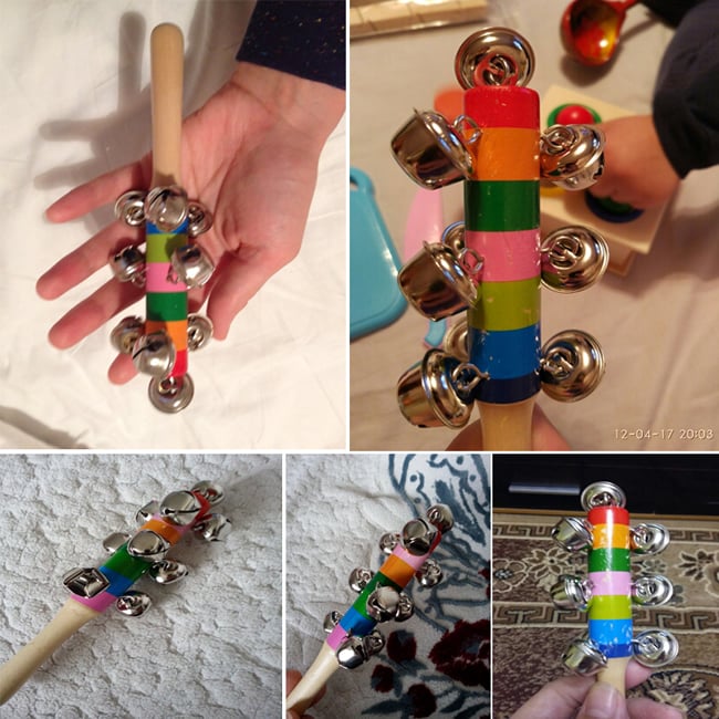 1 pc Wooden Stick 10 Jingle Bells Rainbow Hand Shake Bell Rattles Baby Kids Children Educational Toy