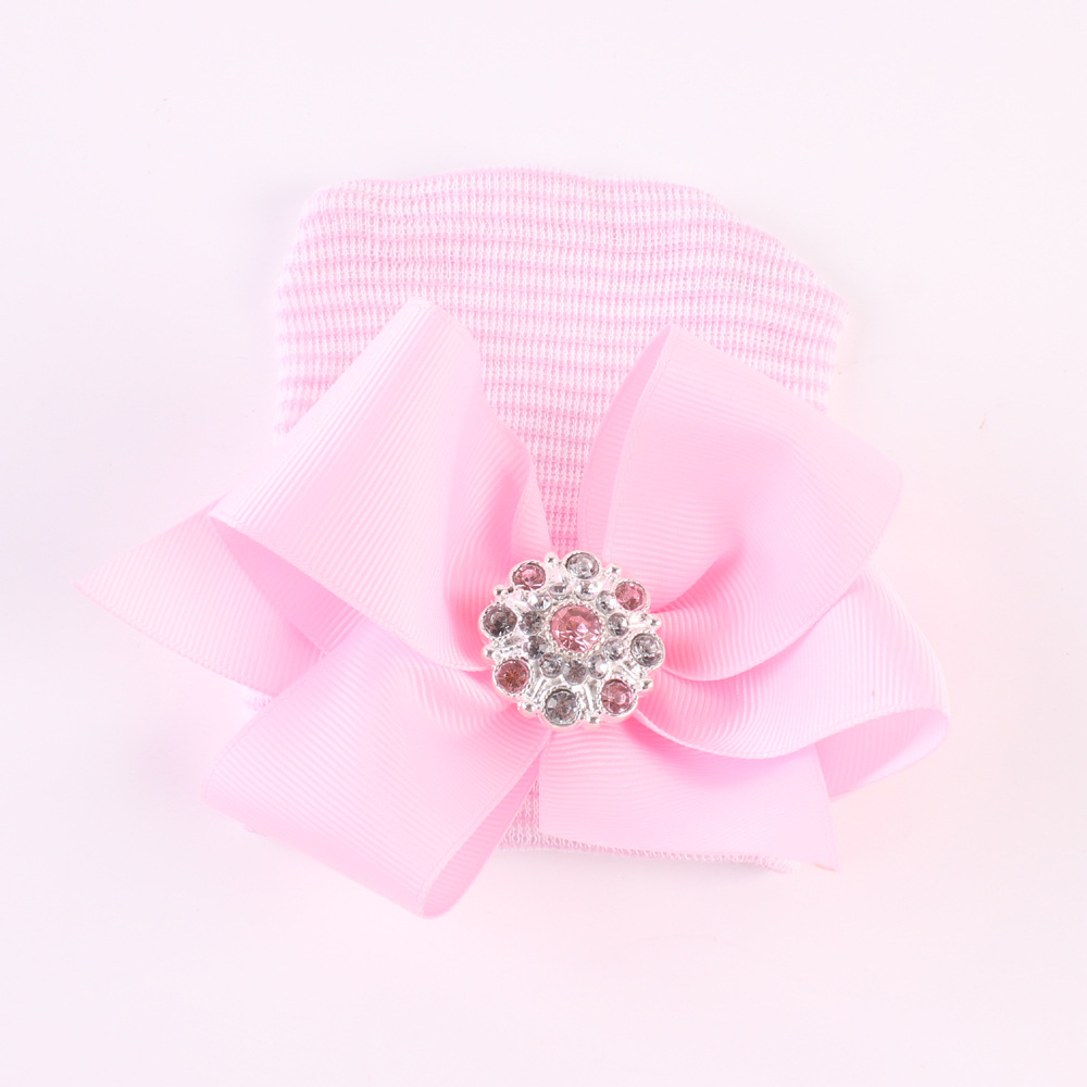Big bow tie shiny diamond Pink Stripe girl baby knitting hat newborn baby Pullover hat