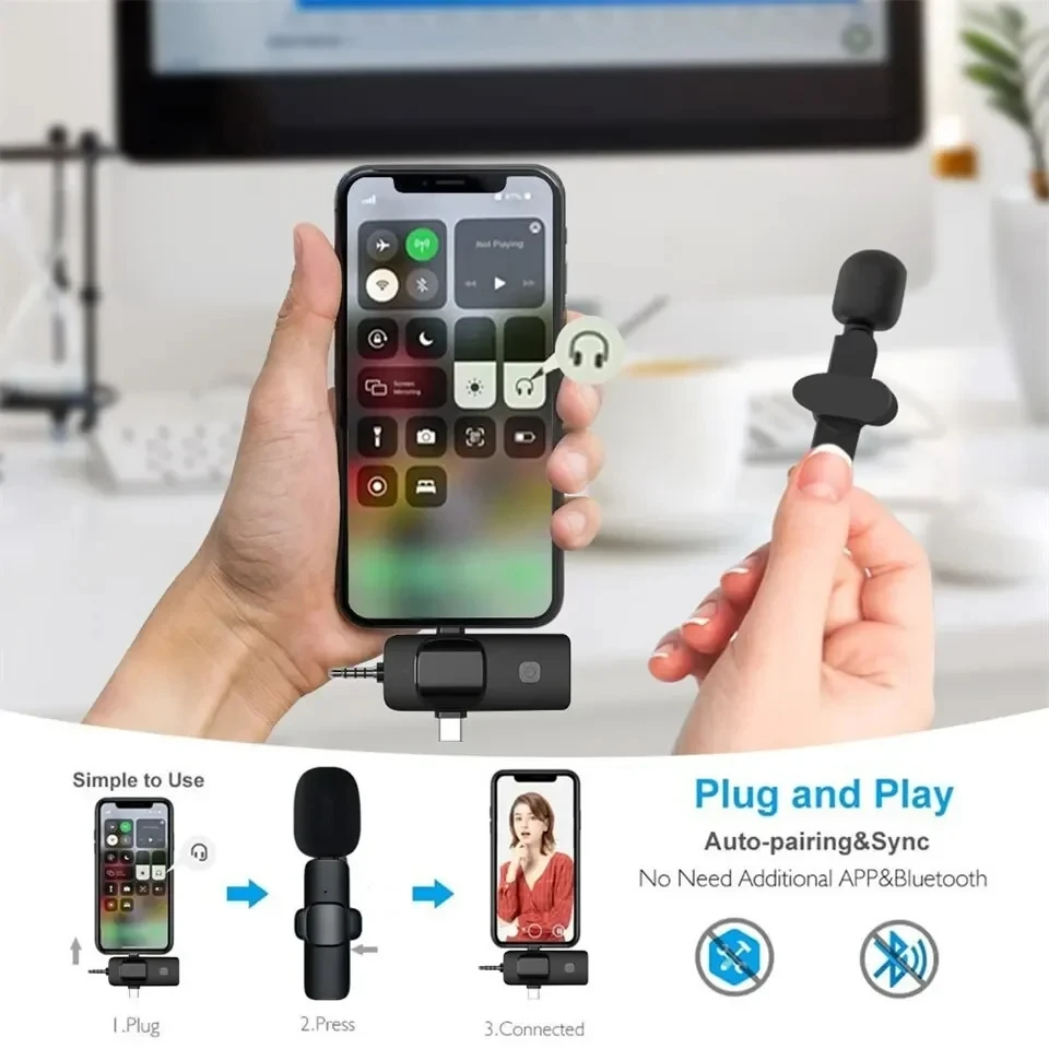 3 In 1 Wireless Lavalier Microphone for iPhone Android 3.5mm for radio Live Recording Noise Reduction Mini Mic Widely Compatible