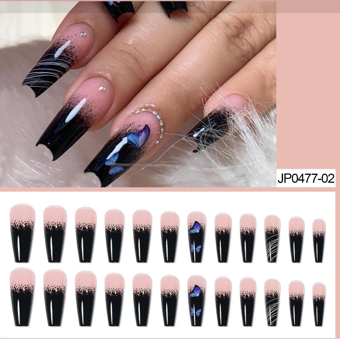 24Pcs/Set False Nail French Rhinestone Full Cover Fake Nails With Jelly Glue DIY Manicure Nail Art