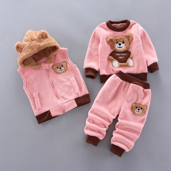 Baby boy clothes autumn and winter pure cotton thick warm casual hooded sweater cartoon cute bear three-piece baby girl suit