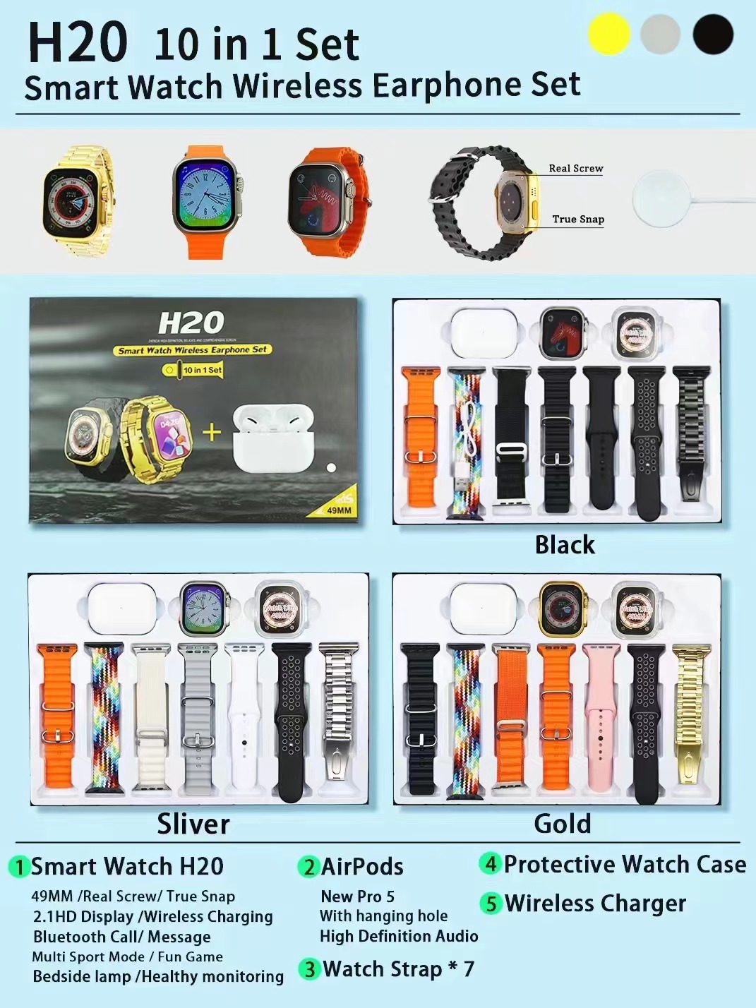 Smart Watch H20 10in1 Multi Strap Earphone 2-in-1 Set 49mm True Screw Buckle Sports Band