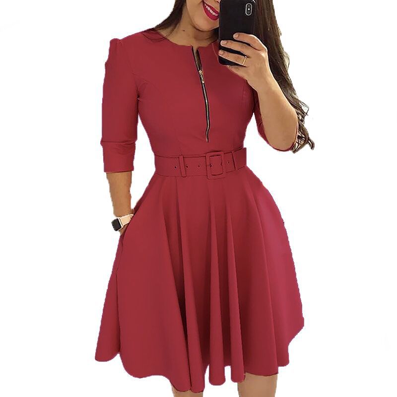 African Women's Solid Color Half Open Neck Zipper Pleated Dress with Belt OL Commuter Dress