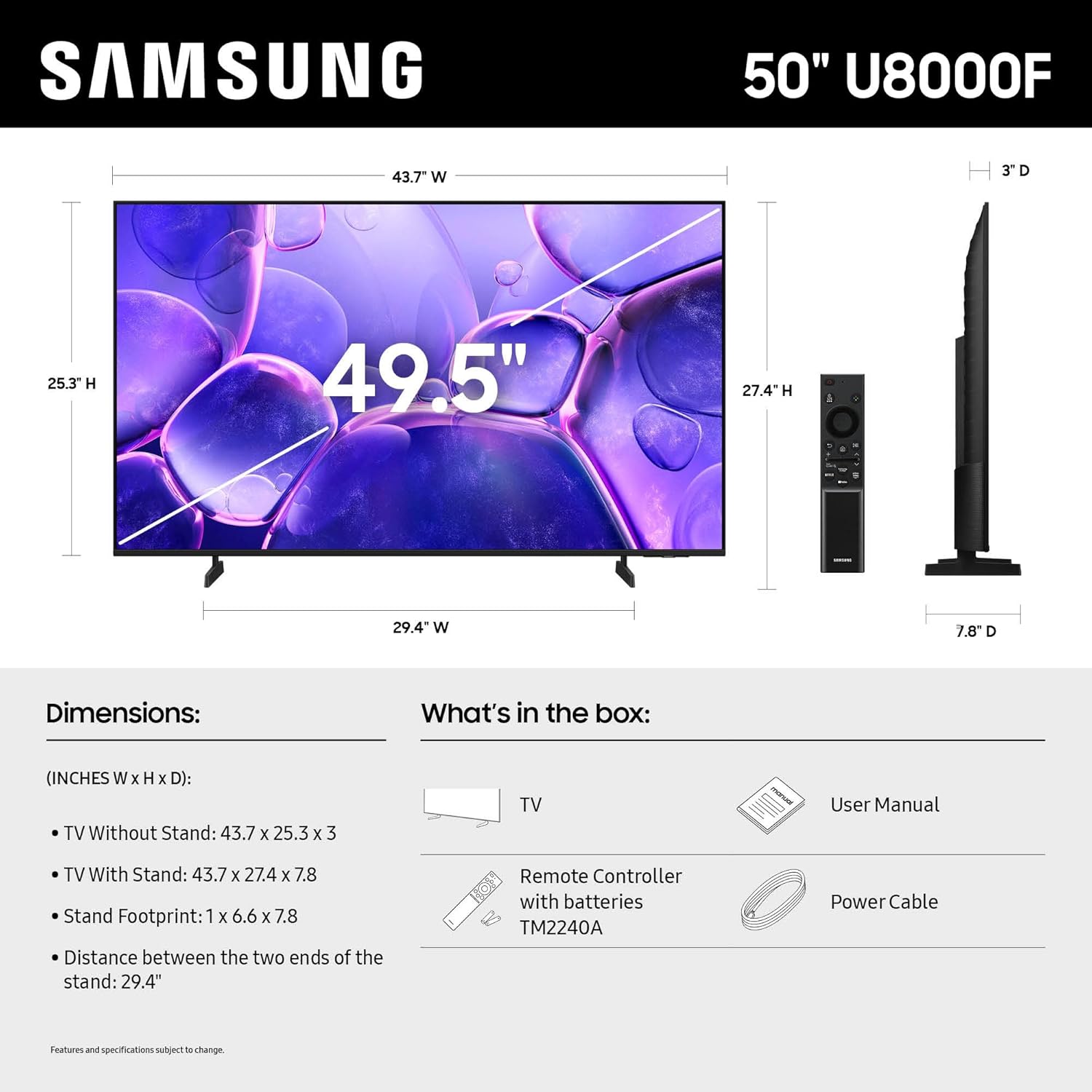Samsung 50-Inch Class Crystal UHD U8000F 4K Smart TV (2025 Model) Endless Free Content, Crystal Processor 4K, MetalStream Design, Knox Security, Alexa