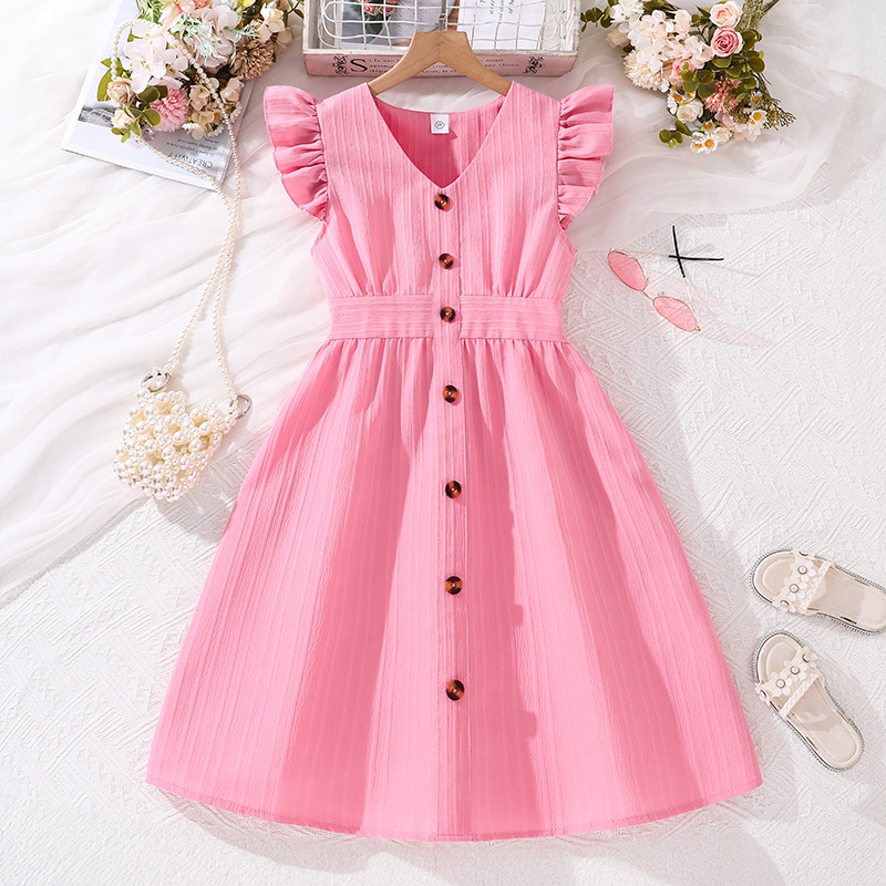 Girl Dress Summer New Light Blue Stripe Ruffled Sleeveless V-Neck Dress Elegant Cute Daily Casual Vacation Style Outifits