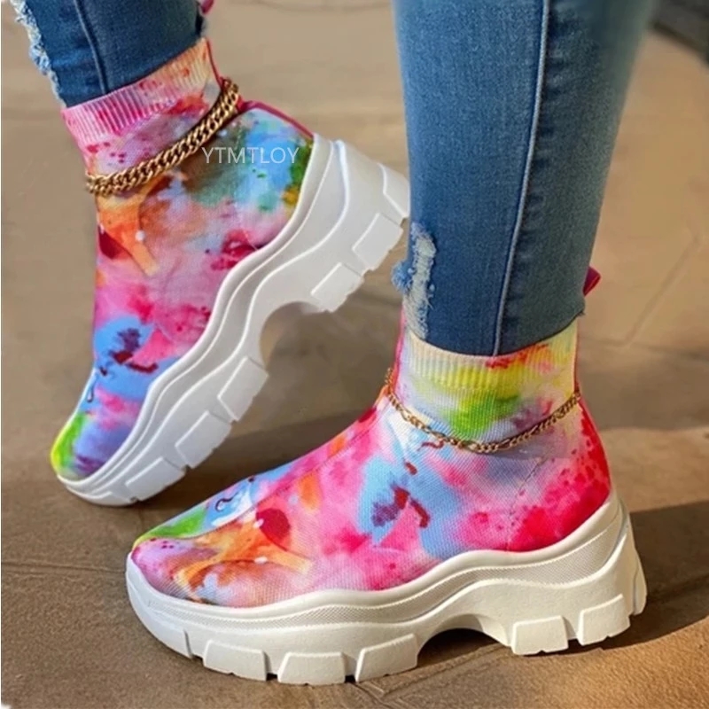 Women Sock Ankle Boots Multicolor Ladies Shoes Ladies Thick Bottom Platform Shoes Woman Casual Autumn Winter Large Size New