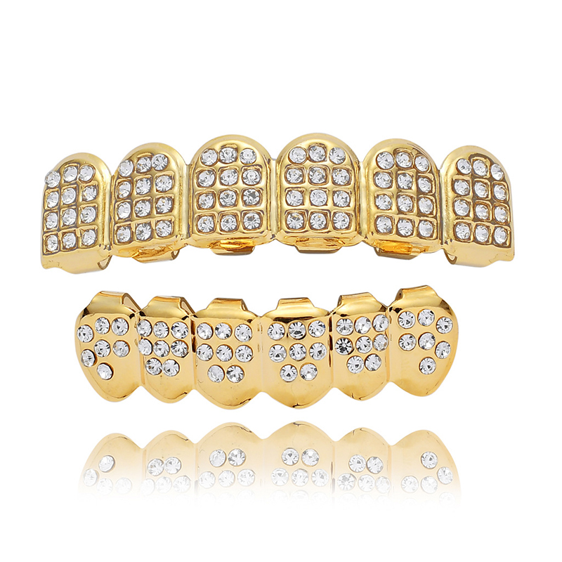 Shiny Hip Hop Gold Teeth Grills With Crystal Top &Bottom Iced Out Bling Grills Dental Mouth Teeth Caps Party Tooth Jewelry Hot