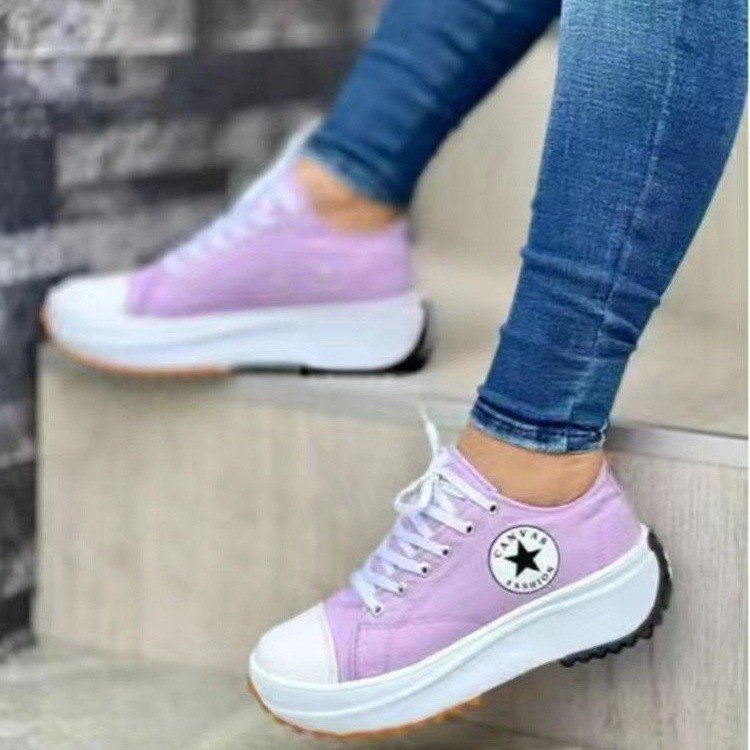 Women's casual single shoes large thick sole solid color lace up canvas shoes women