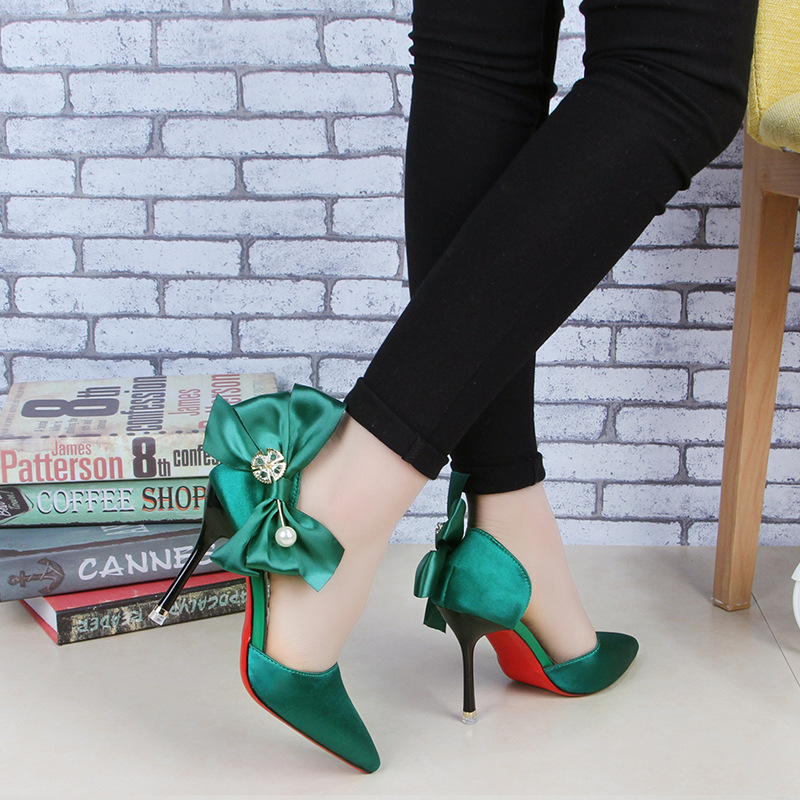 New Bow-knot Women Pumps Designer Shoes High Heels Sandals Women Satin Stiletto Heels Sexy Pearl Wedding Shoes