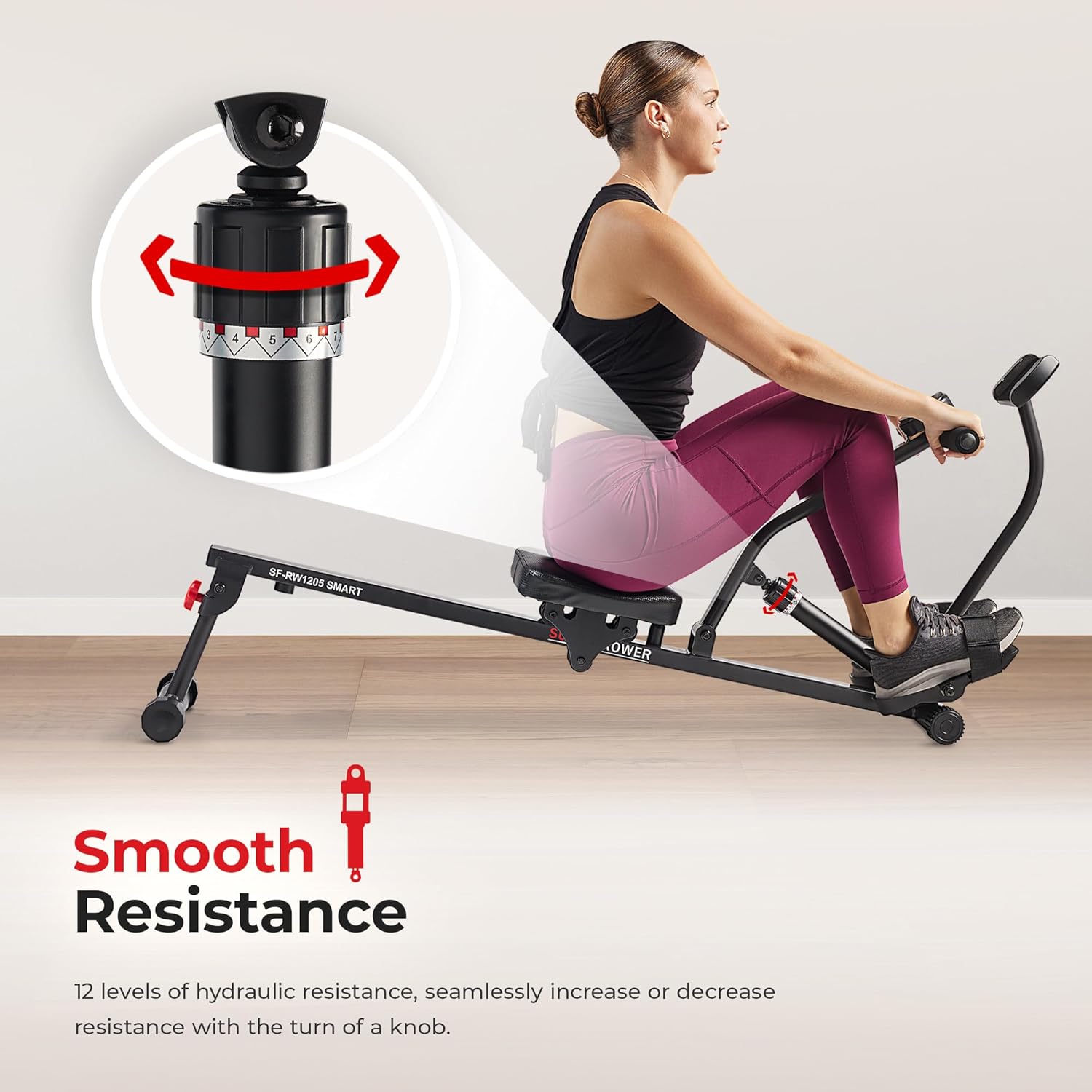 Sunny Health & Fitness Compact Adjustable Rowing Machine with 12 Levels of Resistance for Complete Body Workouts and Optional Free SunnyFit App Enhanc