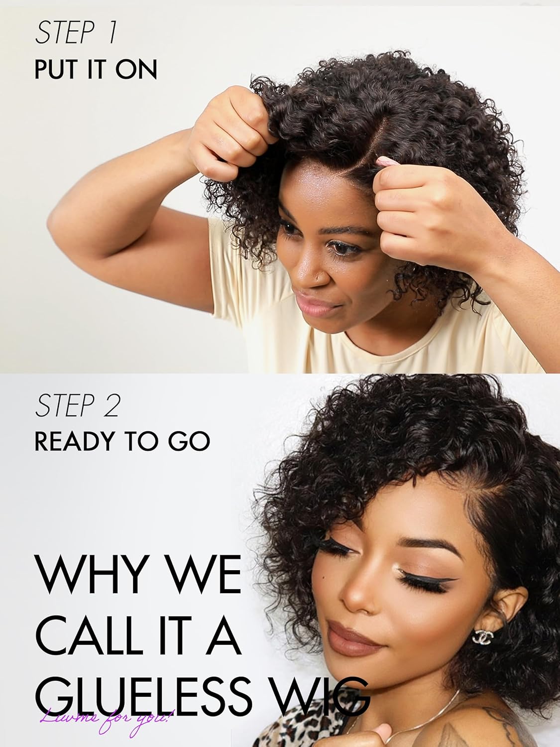 LUVME HAIR 8" Curly Glueless Without Spray Wigs Human Hair Pre Cut/Plucked, Undetectable HD Lace Wig Ready to Go Lace Bob Wig Short Curly 180 Density