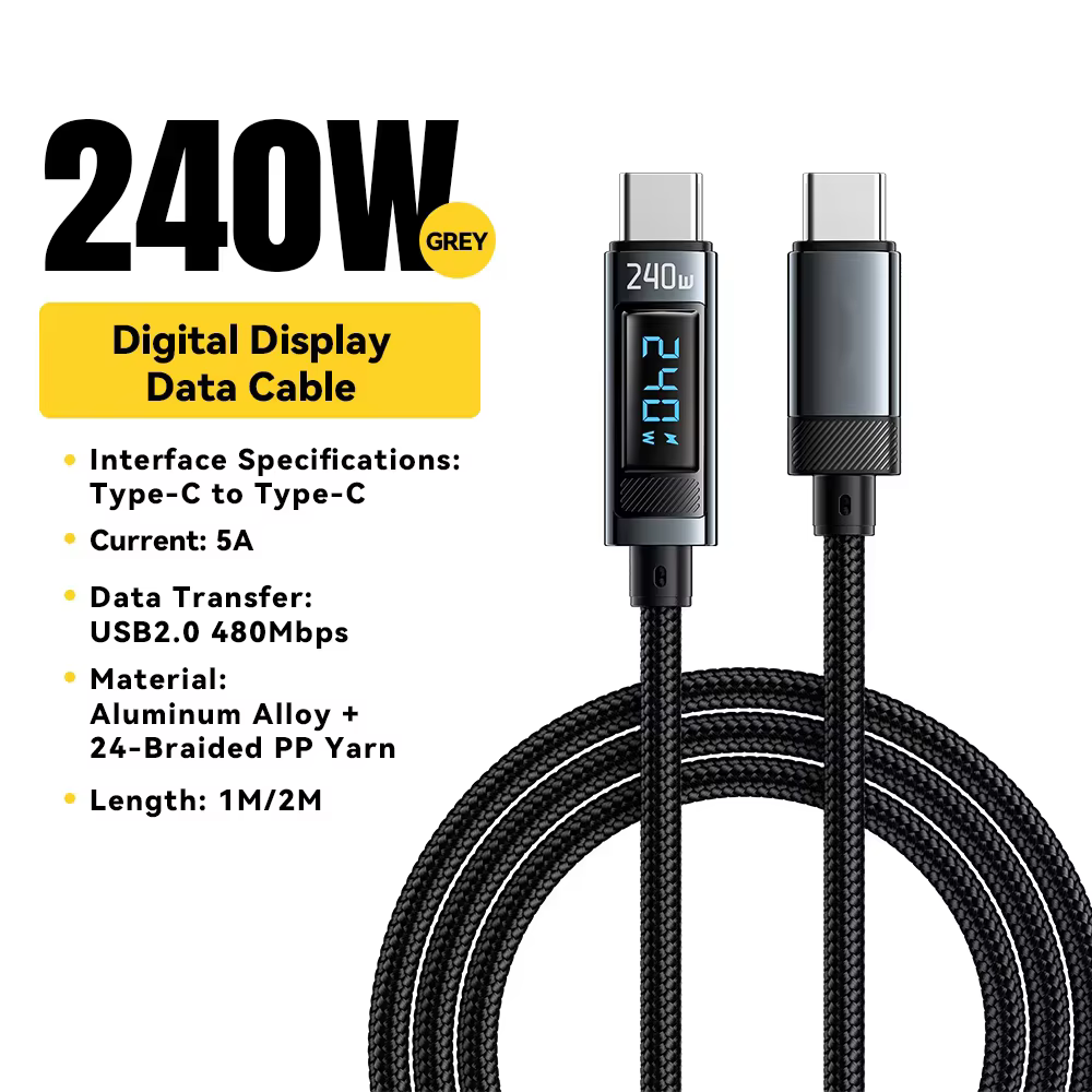240W PD Fast Charging Type C to Type C Cable 100W Digital Display USB C to Type C Cable For Xiaomi HUAWEI Macbook iPad Laptop