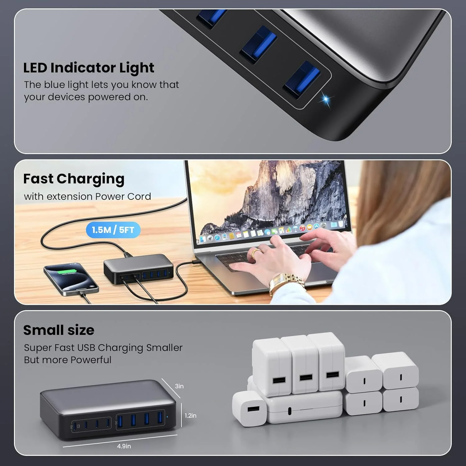 200W Fast Charging Station USB C Charger Block 8-Port Hub PD 65W Laptop Charger Adapter for MacBook,DELL, iPhone,Galaxy