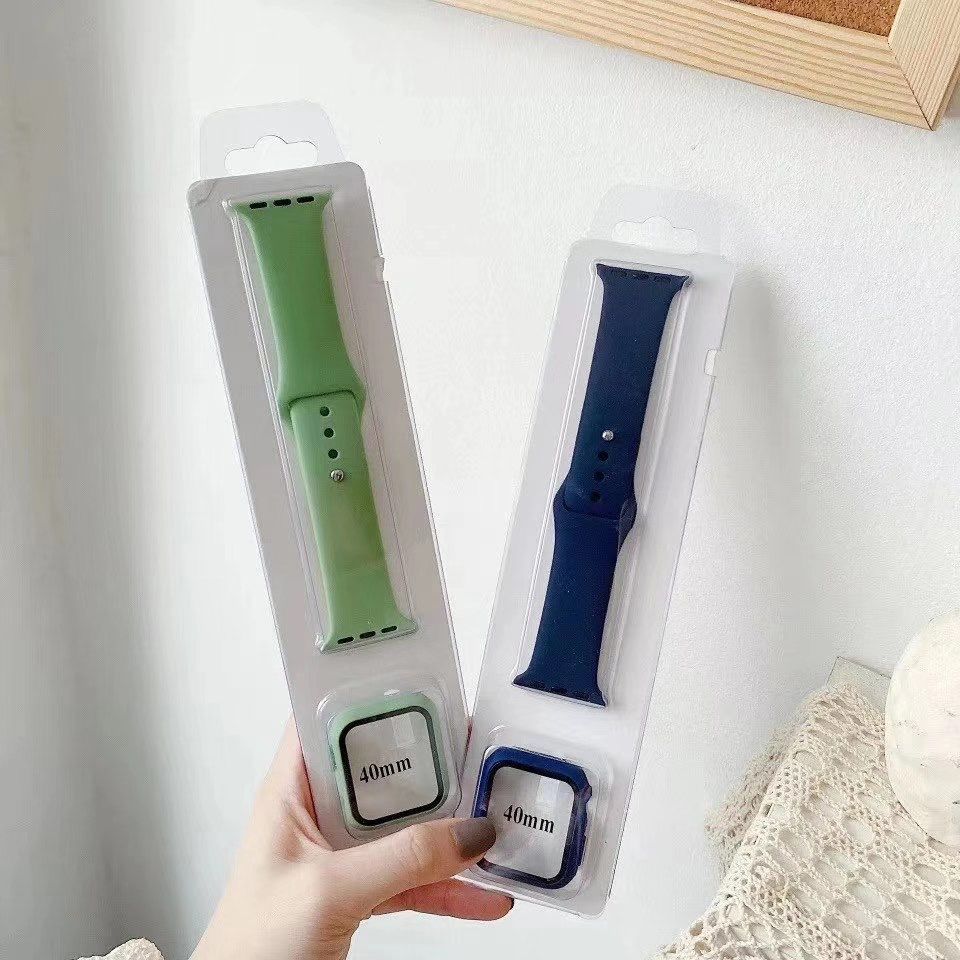 Glass+Case+band For Apple Watch bands 44mm 40mm 45mm 41-38mm 42mm Silicone sport bracelet iWatch series10 8 9 7 6 5 4 3 SE strap