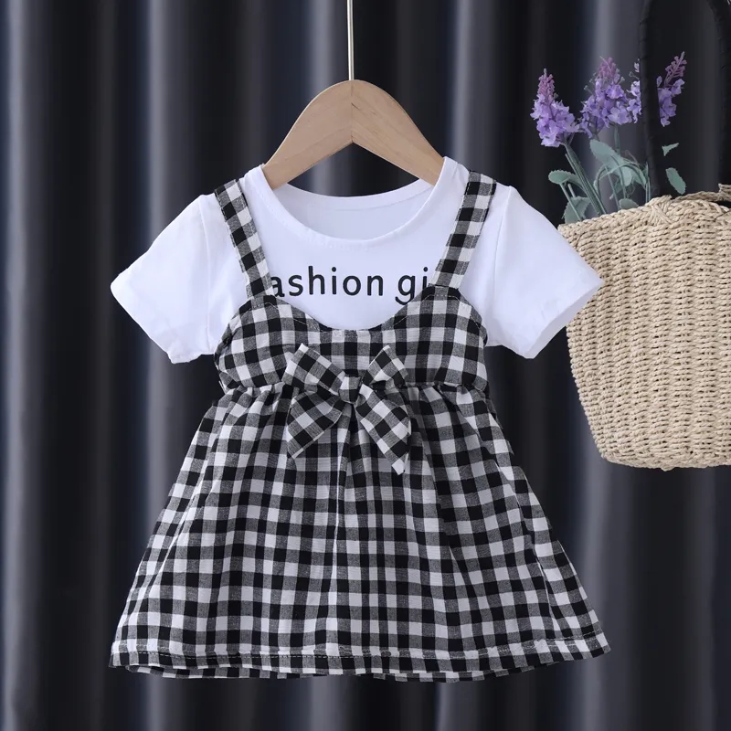 Girls' summer foreign style children's strap plaid skirt baby cotton vest dress