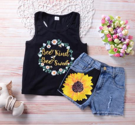 Children's clothing Toddler Kids Girls Sleeveless Flowers Printing T-shirt+Printed denim shorts Set 2Pcs