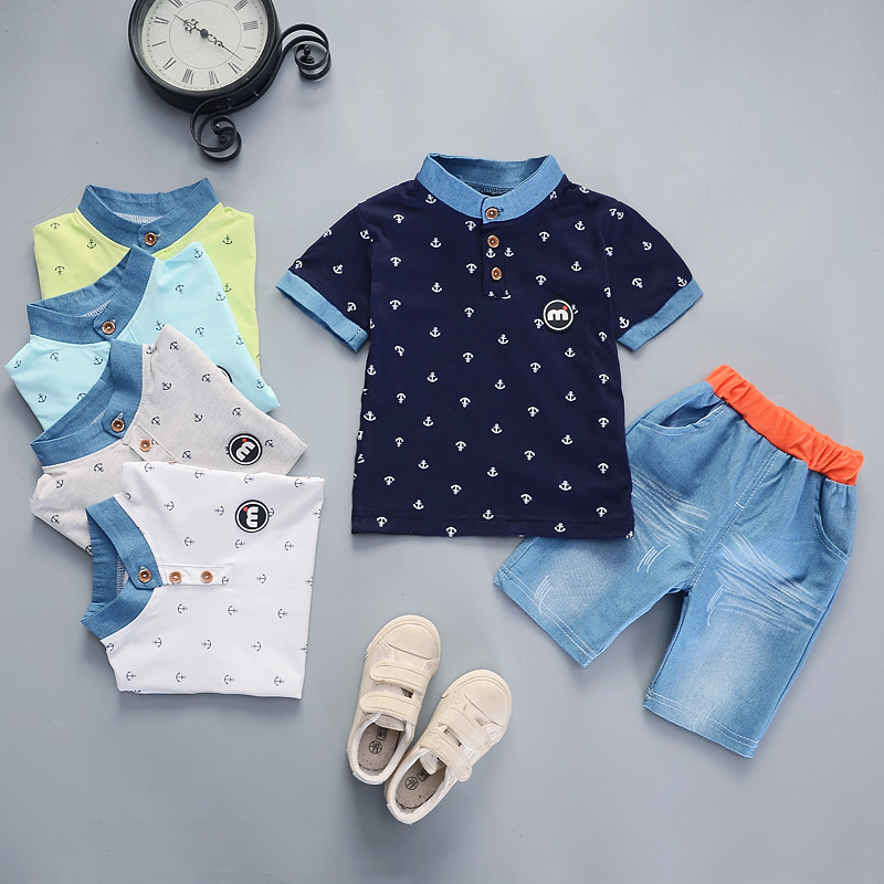 Ones boys summer short-sleeved anchor print polo shirts shorts clothing set kids baby cotton suit