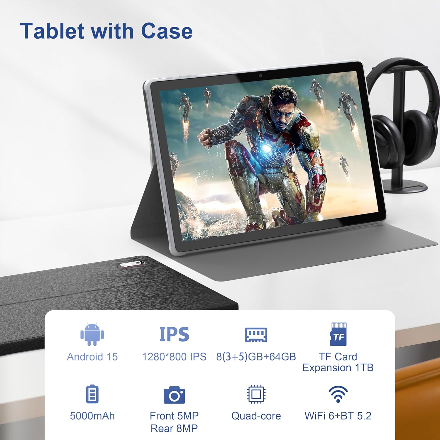 BYYBUO Android 15 Tablet,10.1 inch Tablet with Case,8GB RAM 64GB ROM Quad-Core Processor 5000mAh Battery, 1280x800 IPS FHD Touchscreen 5MP+8MP Camera,