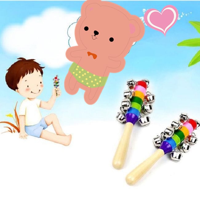 1 pc Wooden Stick 10 Jingle Bells Rainbow Hand Shake Bell Rattles Baby Kids Children Educational Toy
