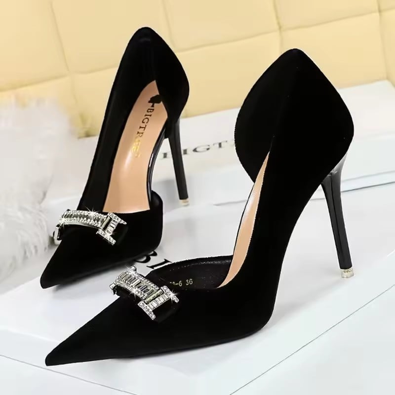New Arrivals Fashion CRYSTAL Side Hollowing Women Corduroy Pumps Lady Wedding Bridal Thin Heels Shoes