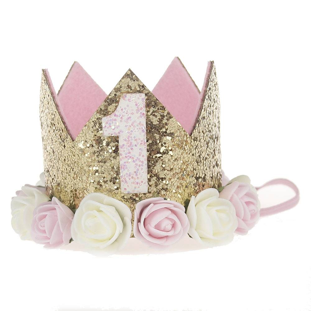 Baby Girl First Birthday Party Hat Decorations Hairband Princess Queen Crown Lace Hair Band Elastic Head Wear Hat Gifts For Kids