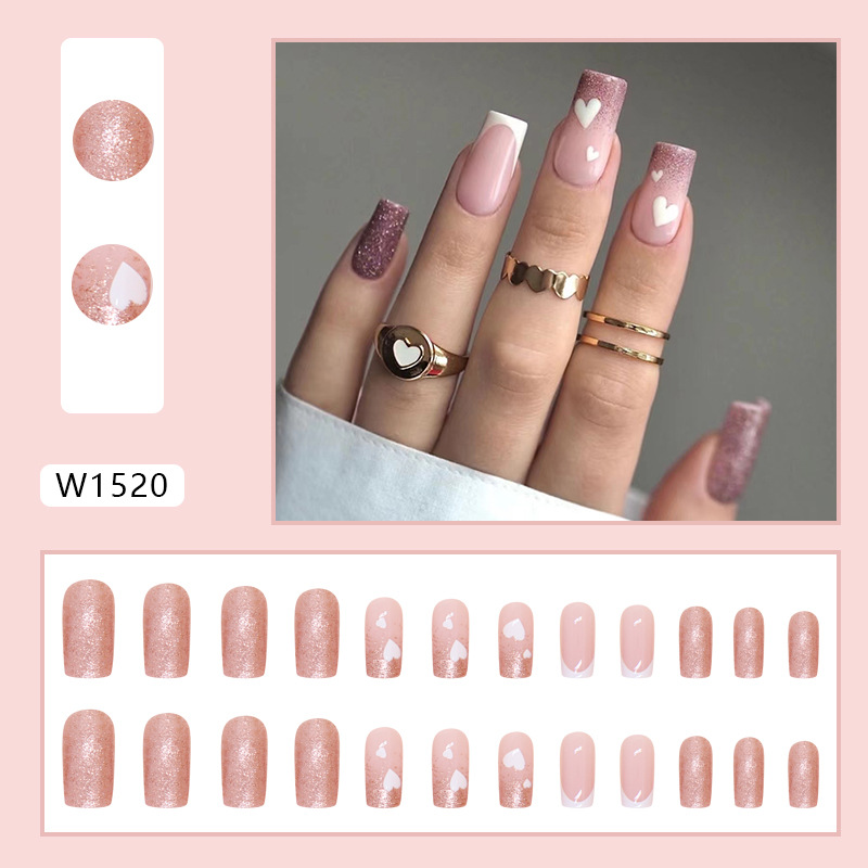 24pcs/box Fake Nails With Jelly Glue Detachable Middle Long Ballerina False Nails Flash Powder Design Wearable Full Cover Nail