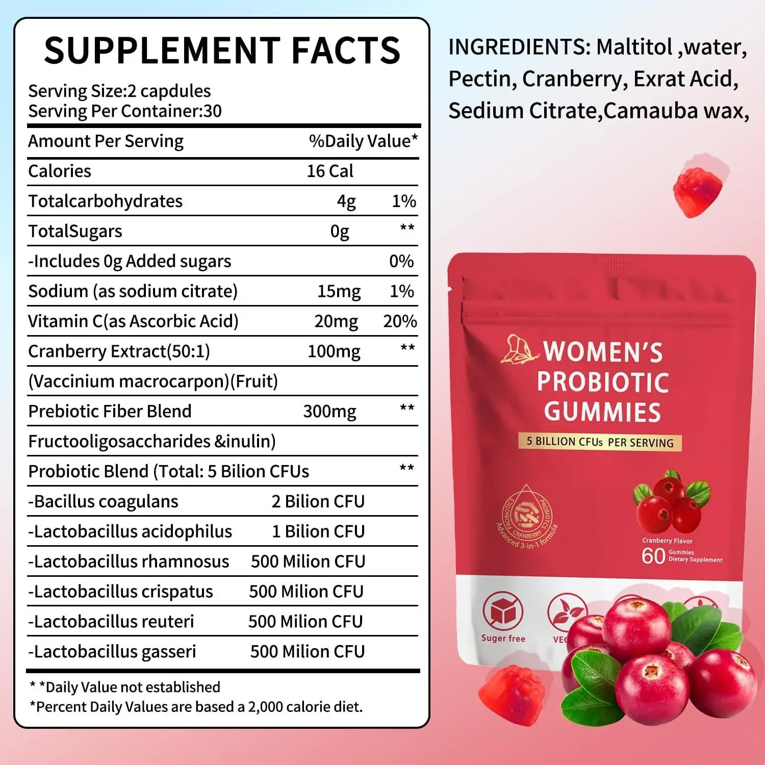 Women Cranberry Probiotic Gummies for Urinary Tract and Gut Flora Balance Support