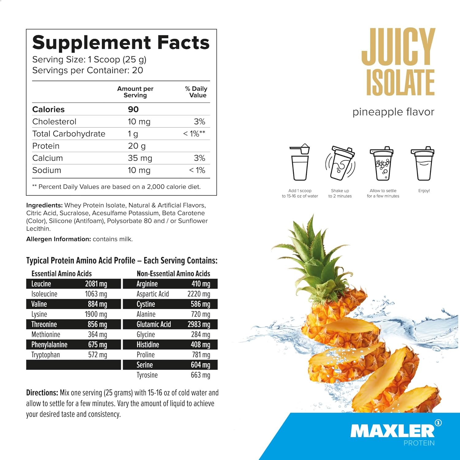 Maxler Juicy Isolate Protein Powder - Clear Whey Isolate - Low Lactose, Fat Free, Sugar Free Muscle Recovery Drink for Pre & Post Workout - Pineapple