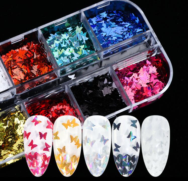 3D Butterfly Slice Nail Sequins Flakes Holographic Iridescent Glitter Nail Art Decoration Colorful Manicure 12 in 1 Set