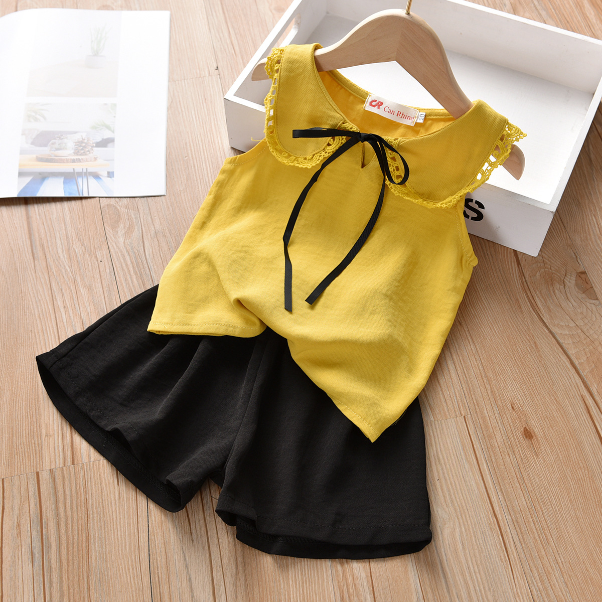 Sleeveless Baby Collar Tops + Broad Leg Shorts Sets for 1-6years Girls 2pcs Summer Kids Girl Cotton Outfits Children Clothes