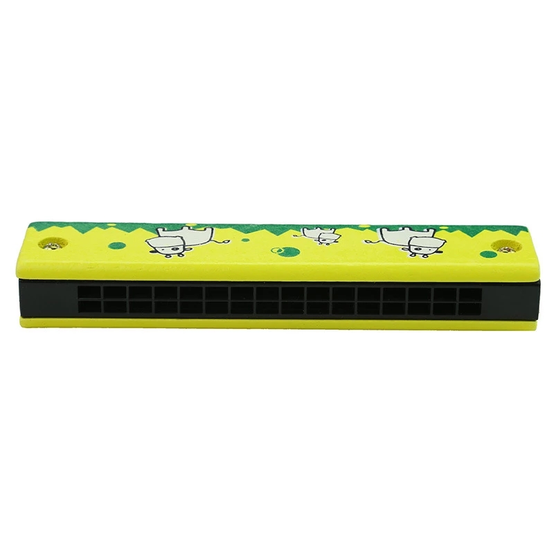 16 Holes Children Harmonica Wooden Double Row Blowable Harmonica Cute Cartoon Pattern Beginner Kids Musical Educational Toys