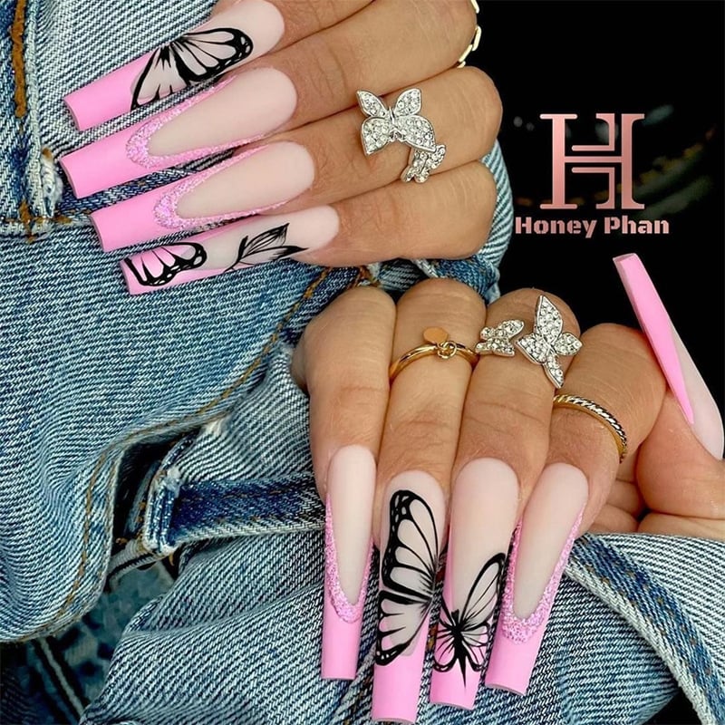 24Pcs Long Coffin False Nails Glitter Line Designs Fake Nails Artificial Full Cover Nail Art Tips Press on Nails Manicure Tool