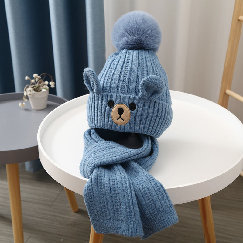 Children's hat scarf set boys and girls baby wool hat plus velvet warm toddler pullover knitted hat Korean version cute