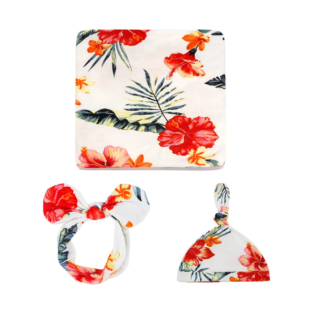 Newborn Printed Wrap Scarf Tire Cap and Headband Three-Piece Set