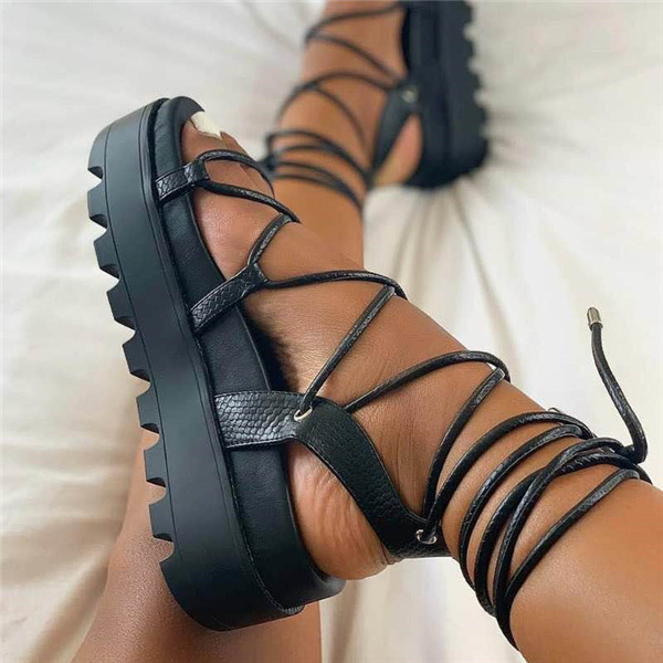 Women's Solid Color Platform Sandals ComfyRound Open Toe Lace Up Shoes Women's FashionShoes