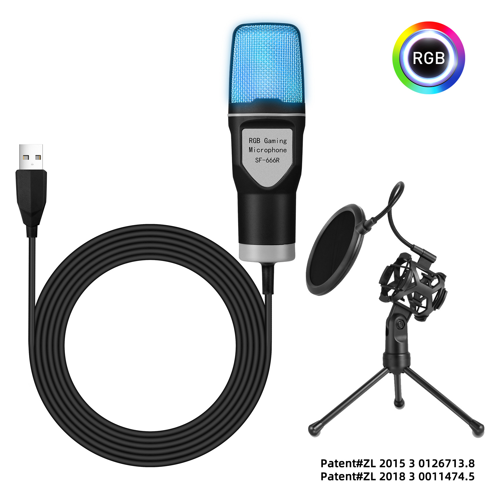 Desktop Noise Reduction Capacitive Microphone RGB Seven-color Luminous Microphone Stand Suit USB Computer Video Game Microphone