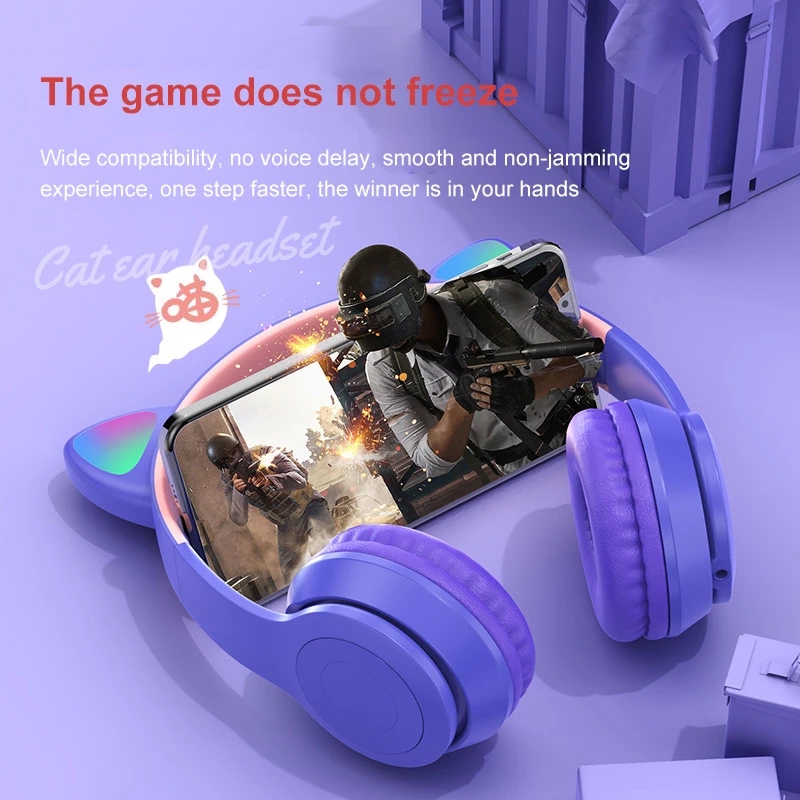 LED Cat Ear Wireless Headphones 5.0 Bluetooth Earphone Kids Gift Headset 3.5mm With Mic Noise Cancelling For Online Learning