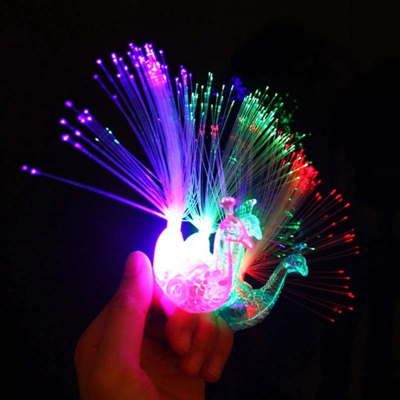 Luminous Peacock Finger Toy with LED Flash Light Flashing Tail Glow in the Dark Cute Bird Ring Decoration Gifts for Kid 1pc