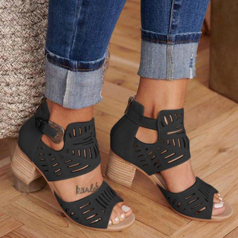 Women's open-toe thick heeled sandals with hollow ankle buckle high heels