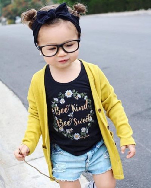 Children's clothing Toddler Kids Girls Sleeveless Flowers Printing T-shirt+Printed denim shorts Set 2Pcs