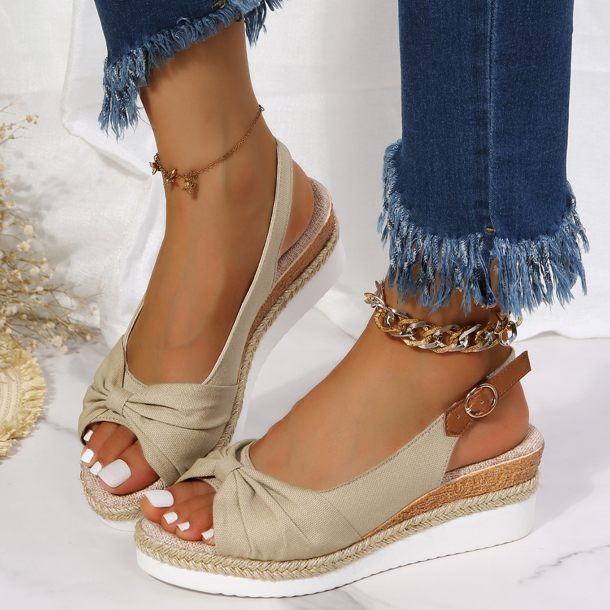 New sandals large size hemp rope bow wedge casual sandals women's shoes