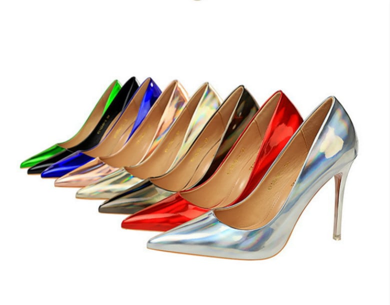 new style metal heel super high heel shiny patent leather shallow pointy sexy nightclub slim high hee