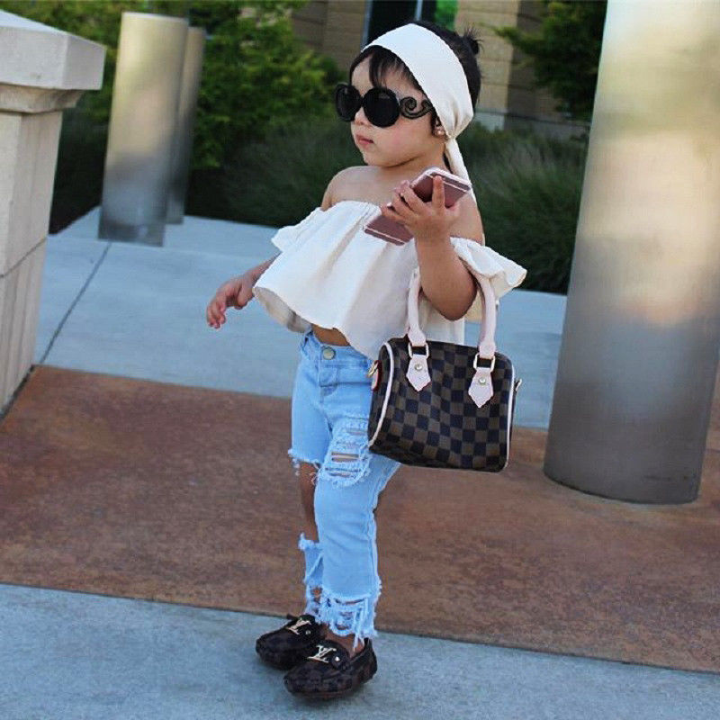 Toddler Girls Kids Off Shoulder Tops Denim Pants Jeans 3pcs Outfits Set Clothes