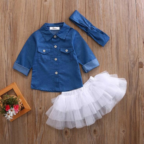 Toddler Baby Girls Dress Denim Shirt+Leopard Skirt+ Headband Kids Clothes Set