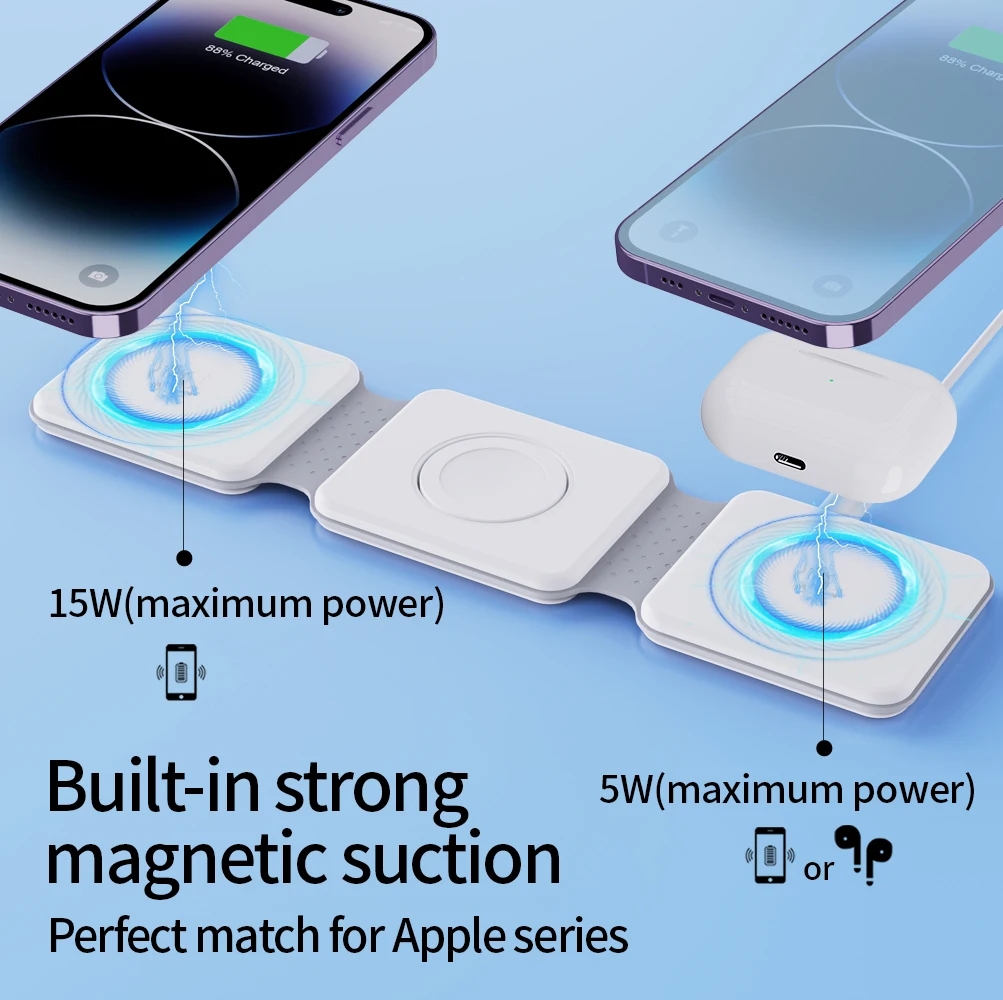 3 In 1 Magnetic Wireless Charger Pad Stand Foldable for iPhone 14 13 12 11 X Apple Watch AirPods 15W Fast Charging Dock Station