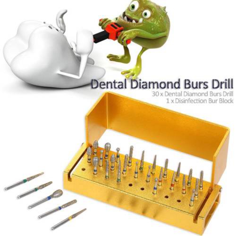 30pcs Dental Diamond Burs Drill Disinfection Bur Block High Speed Handpieces Set